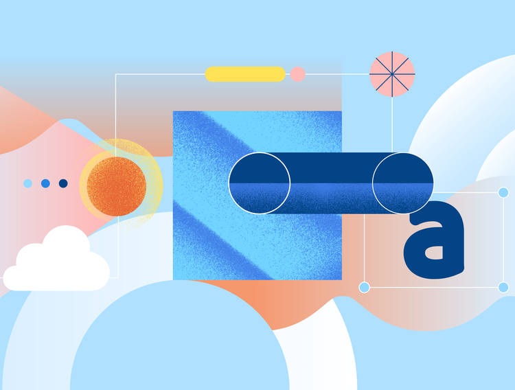 Shades of blue, orange, yellow, and pink in an abstract representation of the components—bounding boxes, letters, buttons, symbols—of a user interface..