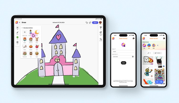 Three device mockups displaying the Project Aqua user interface. A tablet (left) shows a childlike drawing of a pink and purple castle with green hills and a sticker panel on the left. Two smartphones display screens for saving artwork and a gallery of colorful creative projects.