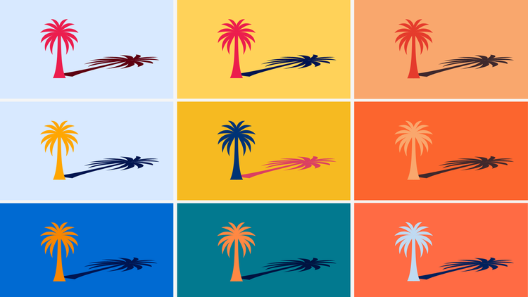 A digital illustration of nine palm trees with shadows, Each pair is in its own box (three across and three down) and has a different combination of colors.