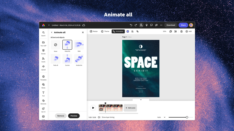 A screenshot of the Animate All panel in Adobe Express (on the left) and the artboard (on the right) with Waterfall, Slide, Fade all, Sunrise, and Avalanche animation selections. Beneath it are Remove and Preview buttons.