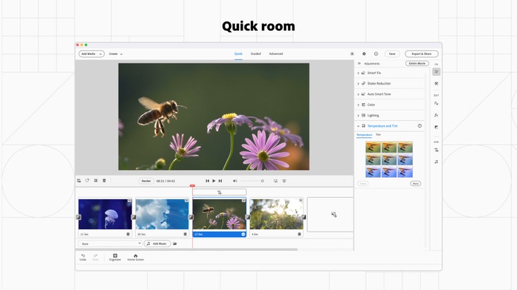A screenshot of a photo editing software interface on a white background with a faint geometric grid. Titled Quick room, an image of a bee hovering over purple flowers is on the canvas. The interface shows various editing tools and options, including Quick, Guided, and Advanced modes. The bottom panel displays a timeline with different frames or scenes for editing. Adjustment options are in a right hand panel with selections like Basic Edits, Color Correction, Lighting, and Temperature & Tint.