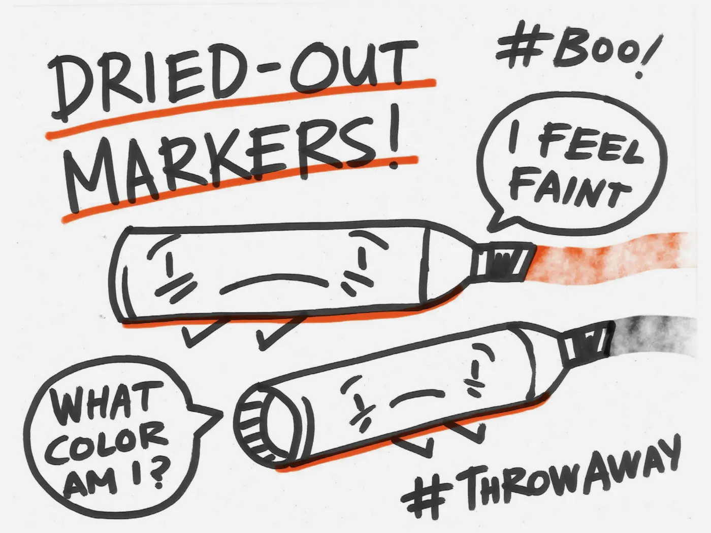 Black marker sketch with the heading "Dried-out Markers!" with drawings of markers and the phrases "I feel faint," What color am I?," and "#ThrowAway."