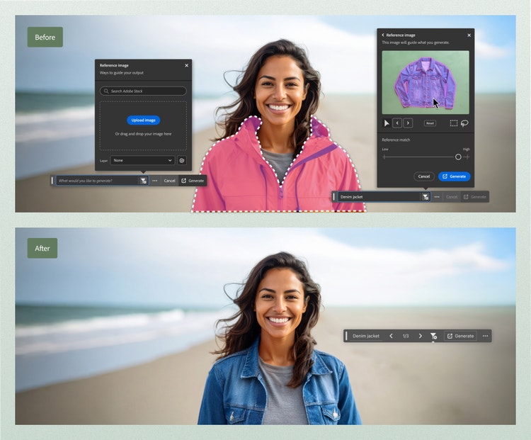 Two stacked images labeled Before and After, showing an image-editing interface applied to a photo of a woman standing on a beach with the ocean in the background. In the Before image (top), the woman is wearing a bright pink jacket over a gray shirt. The pink jacket is outlined with a dotted selection border, indicating the area to be modified. The editing interface displays tools for selecting a reference image and generating changes, with a denim jacket image shown as the reference on the right panel. Also in that right panel is a slider titled Reference Match with both Low and Hight settings. In the After image (bottom), the same woman is wearing a blue denim jacket over the same gray shirt. The beach and ocean remain visible in the background, and the editing toolbar shows options for confirming or adjusting the applied change.