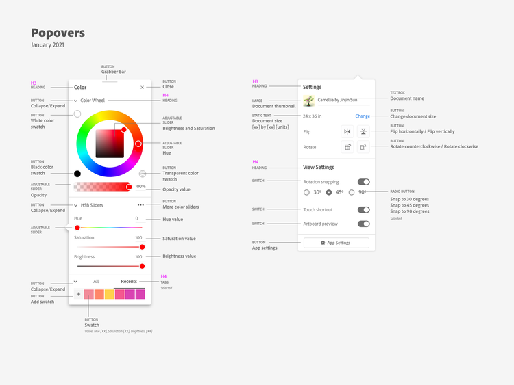 Expanded views of Fresco's Color and Document Settings panels with headers and additional screen reader-only content descriptions.