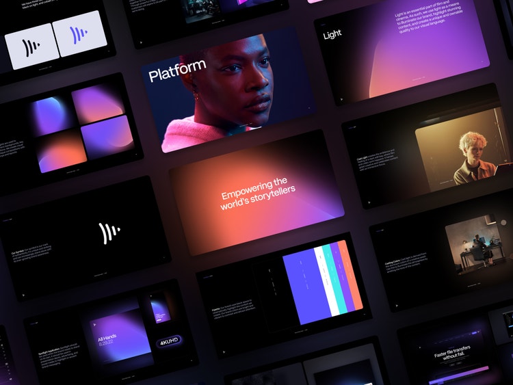 Multiple components of the Frame.io rebrand—including the icon, gradient spotlights, color palette, and brand imagery and language "Empowering the world's storytellers"—on a black background.