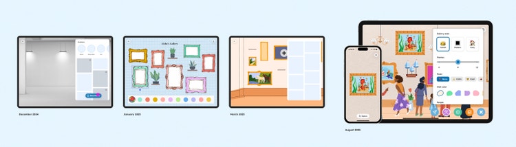 Four device screens showing the progression of a gallery design app. From left: The first (December 2024) displays an empty wall with layout options. The second (January 2025) shows colorful frames on a grid background with a color palette along the bottom. The third (March 2025) is a plain gallery space with framed artwork on the wall. The fourth set (August 2025), with a phone mockup alongside it, is of decorated gallery scene with paintings, chandeliers, people looking at the artwork, and customization tools for wall color and frame styles.