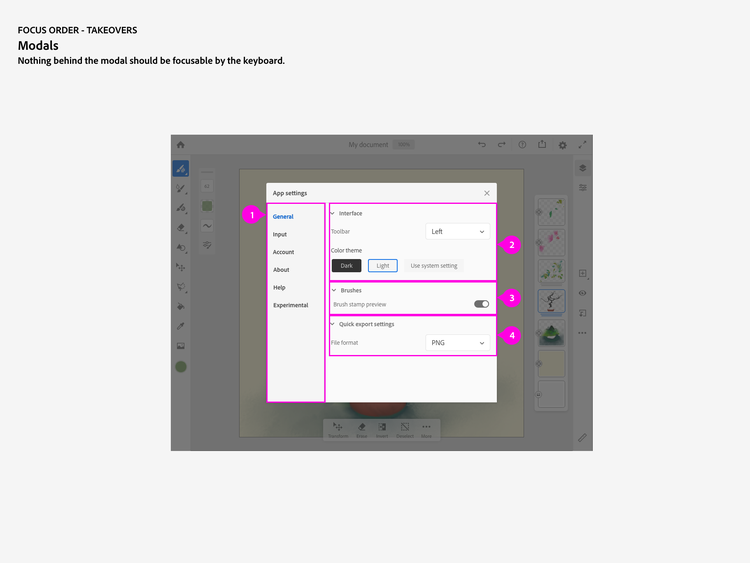 The main editing space is greyed-out behind Fresco's App Settings panel with its sections labeled sequentially top-down-left-to-right.