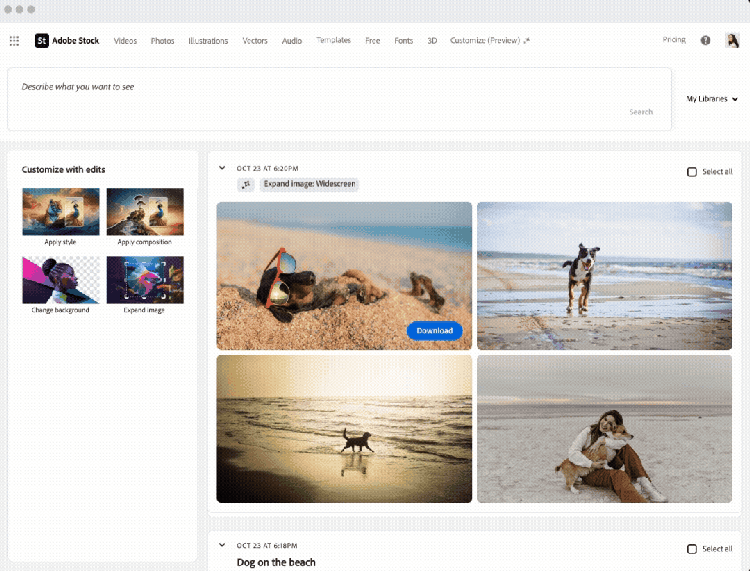 A GIF of the selection function in Adobe Stock showing search results for Dog in the park and Dog at the beach. It includes multiple images of dogs playing, running, and sitting in grassy park settings. Interface options for Apply style, Apply composition, Change background, and Expand image.