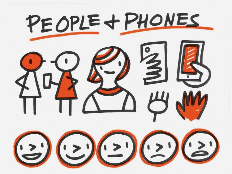 Black marker sketch with the heading "People + Phones" with drawings of hands, phones, stick figures, and smiley faces.