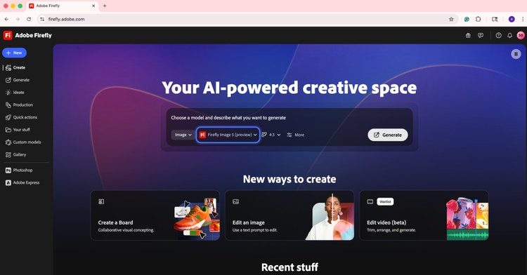 A screenshot of the Adobe Firefly homepage with the new Firefly icon in the upper left corner. The header reads "Your AI-powered creative space" with a prompt box to choose a model and generate content. Beneath it are are three feature cards: Create a Board, Edit an Image, and Edit Video (beta). A sidebar on the left lists options like Create, Generate, Edit, Production, Quick actions, Your stuff, Custom models, Gallery, Photoshop, and Adobe Express.