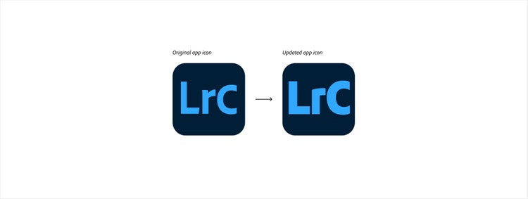 A comparison of Lightroom Classic app icons on a white background. The original icon (left) shows consists of light blue letters "LrC" on a dark blue background. The updated icon on the right shows the same letters and colors but with a bolder type style with more open spacing between the characters.