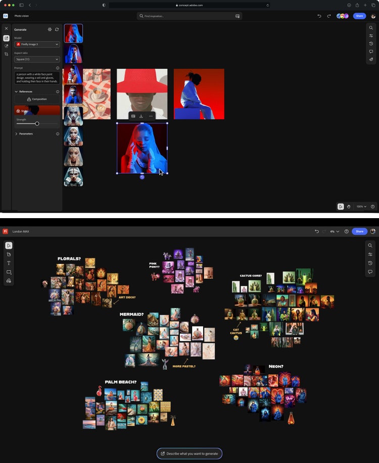 Two images stacked. Top: A computer screen displaying a dark-themed interface with mages arranged in two columns and three rows. The first column contains three images of a person wearing blue and red clothing; the middle image partially obscured by an overlay. The second column contains three different images: on top an abstract red and white pattern, in the middle a silhouette of a person against a red background, and on the bottom another image of a person wearing blue clothing with their face obscured by an object. Various icons and options are visible on the left sidebar, including Generate, Upscale, Variations, and Favorites. Bottom: A collage of various smaller images grouped into five distinct categories on a b;ack background: FLORALS?', MERMAID? PALM BEACH?, CACTUS COWBOY, and NEON?. Each category contains numerous images that share a common theme or visual style.