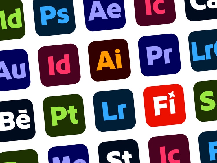 A diagonal grid of colorful square icons representing Adobe applications, each with two-letter abbreviations in bold type. Examples include Ps for Photoshop, Ai for Illustrator, Id for InDesign, Pr for Premiere Pro, Lr for Lightroom, and Fi for Firefly. Icons vary in background colors of blue, green, red, purple, and black.
