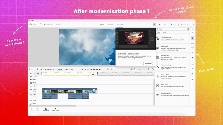 Screenshot of a video editing software interface on a pink-to-orange-to-yellow gradient background. Titled "After modernization phase 1," the UI features a timeline with multiple video and audio tracks, a canvas showing a sky scene, and an advanced settings panel on the right. Annotations highlight Spectrum components (left), introduced dark mode (top), and flat icons (right).