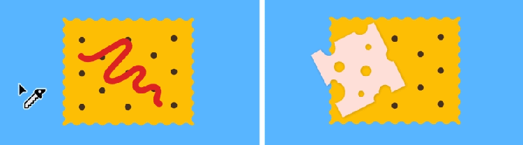 On the left is a stylized digital illustration of a cracker with a squiggly line of jelly on it; alongside it are a cursor and tiny knife. On the right is a GIF of the same cracker, this time with a piece of cheese on it, and the knife is slicing through both the cheese and the cracker.