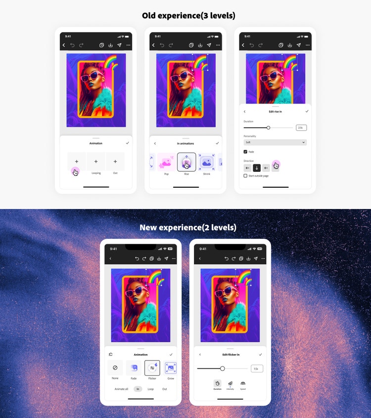 Two screenshots of the animation panels from Adobe Express on mobile (on top the old experience and beneath it the new one). The old experience shows three panels, each a. progression of the one before it allowing people to make more detailed selections. The new version has all information in two panels (people make their animation selection in the first panel and their settings in the second).