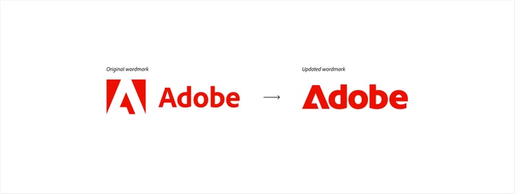 Adobe's original and updated wordmarks side-by-side on a white backround. The original version with the red A logo alongside the company name Adobe (left) and the updated version with bolder red A logo incorporated into the Adobe company name.