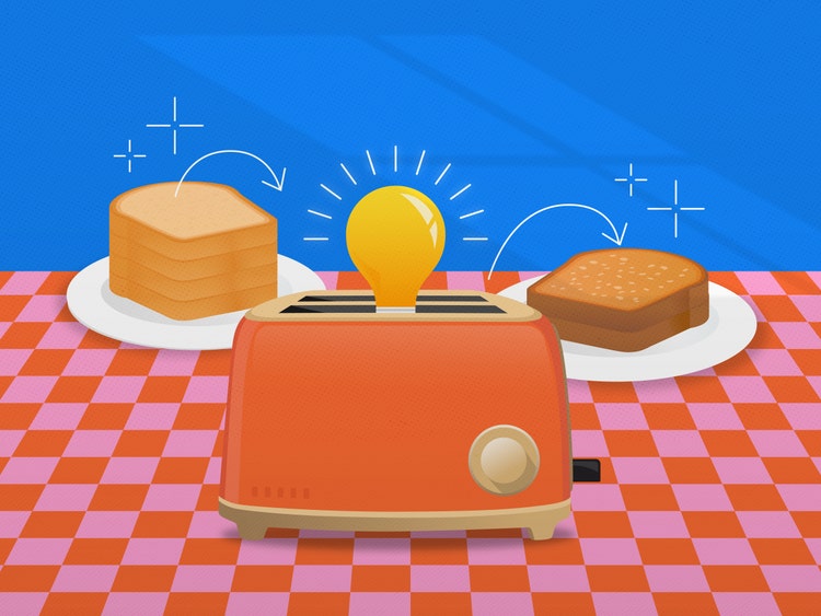 A pink and orange checkered tabletop against a sky blue background. On the table are two white plates, the one on the left holds four slices of bread and the one on the right holds two pieces of toast. Between them is a toaster with a lightbulb popping out of it. An arrow is pointing from the stack of bread to the toaster and another arrow is pointing from the toaster to the stack of toast.