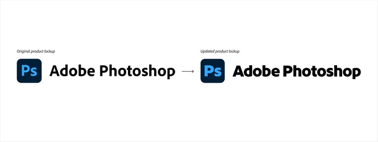 A comparison of the Adobe Photoshop product lockups on a white background, The original (left) is the Ps icon alongside the words Adobe Photoshop and the updated version is a similar construction but with bolder text.