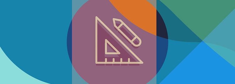 A drafting ruler and pencil centered on a purple and orange square. The background consists of overlapping circles and triangles shapes in shades of blue, teal, and green.
