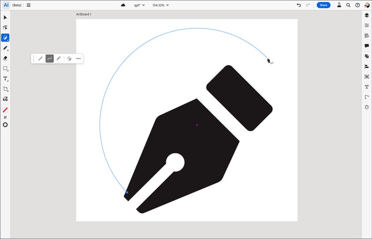 A screenshot of Adobe Illustrator showing an artboard, with toolbars on the right and left of the screen, with a black pen nib icon and a blue curved path being edited.