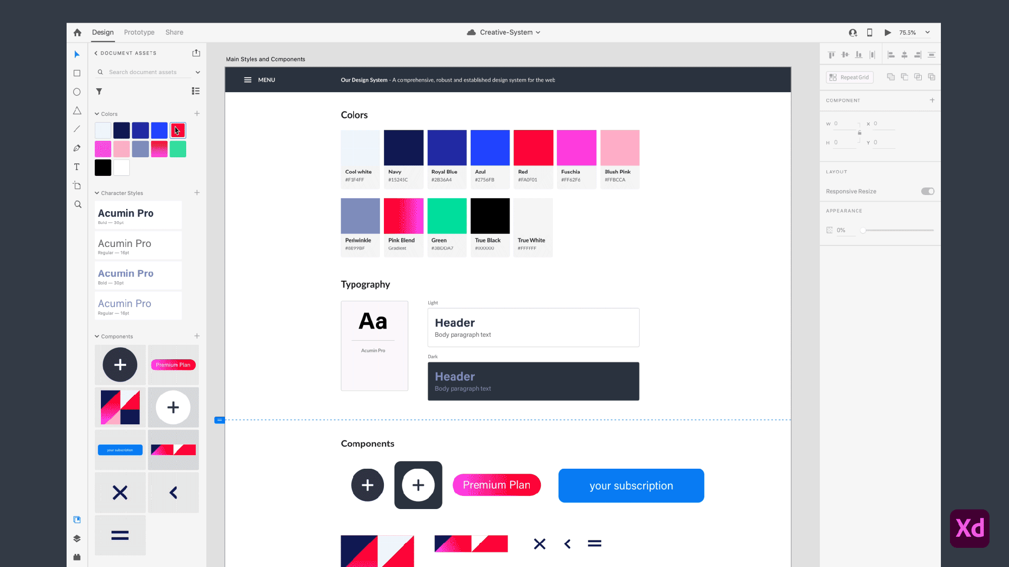 A GIF showing the Edit action in Adobe XD: After editing a color from red to purple an update message appears and "Update Now" is clicked.