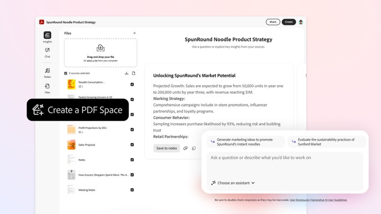 A screenshot of a digital interface titled SpunRound Noodle Product Strategy. The left sidebar includes icons for Insights, Q&A, Chat, and Files, with the Files section open showing a group of documents. The main content outlines strategies for unlocking market potential, including projected sales growth from 50,000 to 200,000 units over three years, marketing tactics like influencer partnerships, and consumer behavior insights. A prompt at the bottom right invites users to generate marketing ideas or evaluate sustainability practices. A black pop-up on the left reads Create a PDF Space.