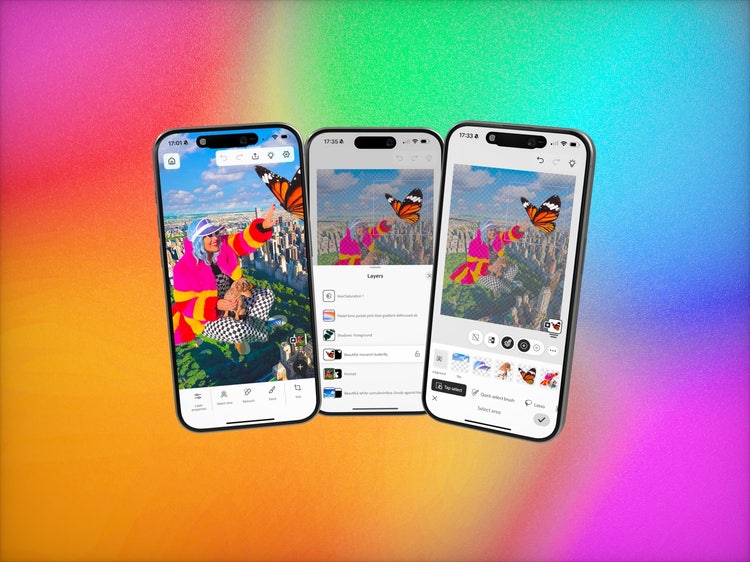 Three iPhone mockups on a pink-to-orange-to-green-to-pink gradient background. Each iPhone shows part of a workflow in Photoshop with feature controls along the bottom edge. Filling the screen in the first mockup (left), a woman sitting cross-legged on a lawn floats above a cityscape while reaching for a butterfly. In the middle the same image is in an artboad on the upper half of the screen. The color for most of the image is dulled, except for the butterfly which is inside a bounding box. The third phone mockup is exactly like the second except that the butterfly is also showing in a layer thumbnail in the lower right corner of the artboard.