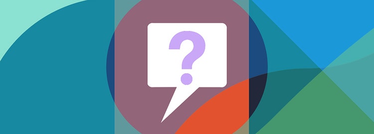 A white speech bubble with a purple question mark at the center of a purple and orange circle is centered on a background of overlapping geometric shapes in teal, blue, and green..