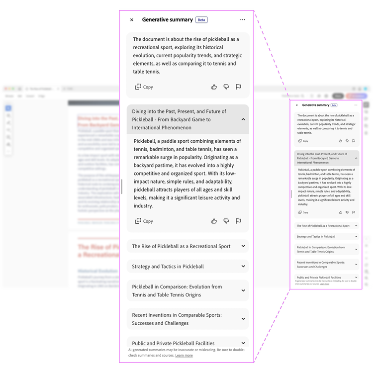 A blurry screenshot of a document open in Adobe Acrobat's viewer. Superimosed over it is exploded view of the right side panel showing Generative summary's one-click summary of the document's key sections