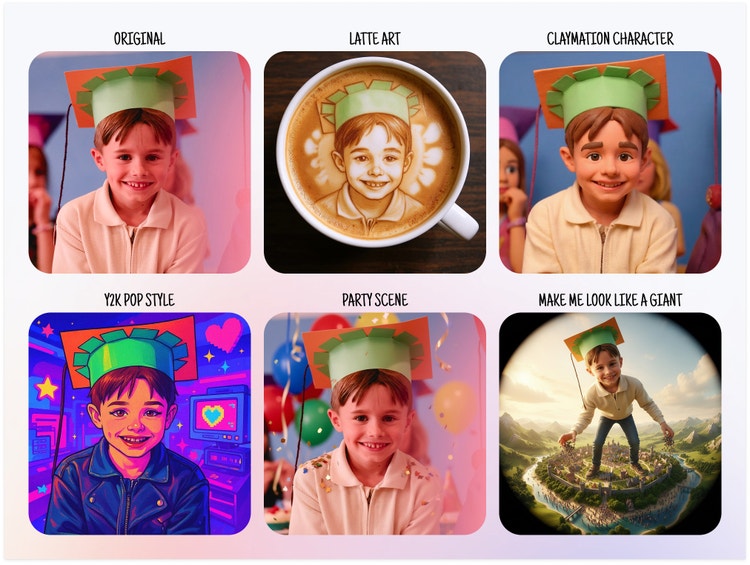 Six photo variations of a child wearing a green paper mortar board. On the top row (from left to right): the Original photo; "Latte Art" with the child’s portrait in coffee foam; and a "Claymation Character." On the bottom row (from left to right): "Y2K Pop Style" with neon colors and retro graphics; "Party Scene" with a background of balloons; and Make Me Look Like A Giant" where the child towers over a miniature townscape.