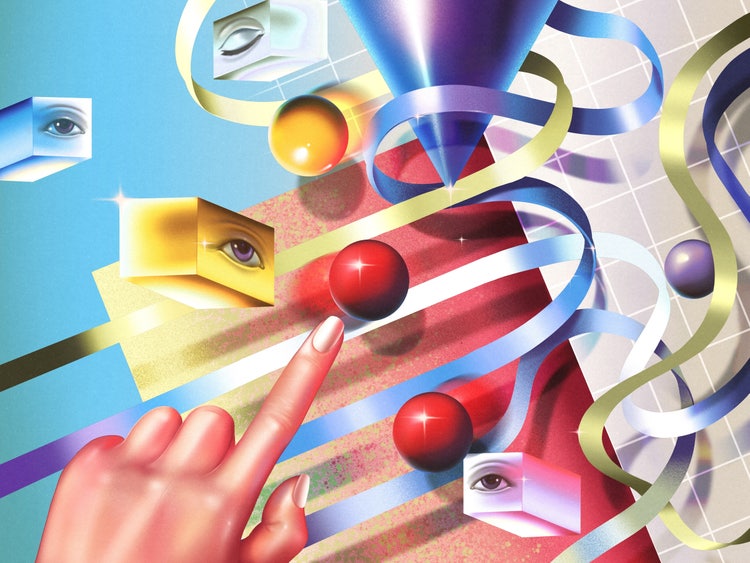 A digital illustration of red spheres, yellow, blue, and green cubes with eyes, and multi-colored swirling, tangling ribbons, hovering over a light gray artboard with a white grid. In the lower left corner is a woman's hand, with the index finger extended, about to touch a red sphere.