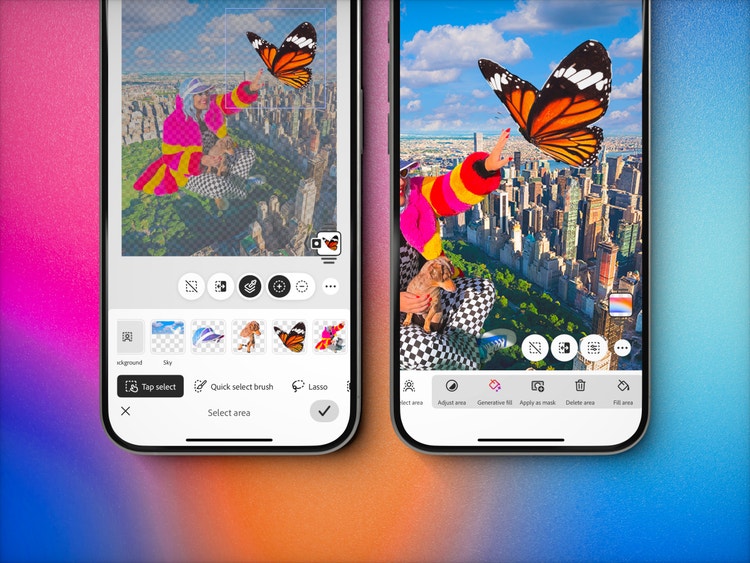 Two iPhone mockups on a pink-to-orange-to-blue gradient background. Each iPhone shows part of a workflow in Photoshop with feature controls along the bottom edge. In the mockup on the left, a woman sitting cross-legged on a lawn floats above a cityscape while reaching for a butterfly. The color for most of the image is dulled, except for the butterfly which is inside a bounding box. The butterfly is also showing in a layer thumbnail in the lower right corner of the artboard. In the mockup on the right, the image is cut off so you only see the woman's arm and hand reaching toward the butterfly (which has doubled in size.