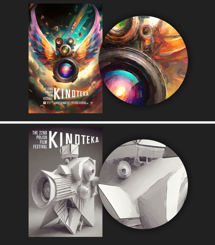 Two poster mockups on black backgrounds. Top: A generative AI illustration of a camera with rainbow-colored wings and multiple lenses (it's largest focused on the viewer) hovers against a turquoise and cloud-filled background. At the bottom are the words "The 22nd Film Festival Kinoteka." Alongside it, in a half circle, is a closeup of the painterly effects applied to the image. Bottom: A generative AI illustration of a vintage movie camera, flash, and tripod composed of white cut and folded paper on a light gray background. At the top are the words "The 22nd Film Festival Kinoteka." Alongside it, in a half circle, is a closeup of the painterly effects applied to the image