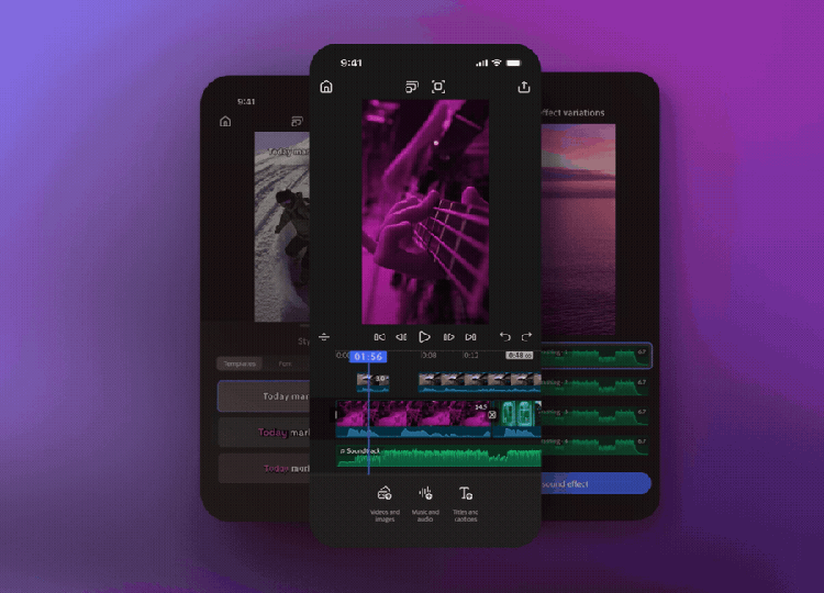 A GIF of a mobile video editing interface displayed on a three smartphone screens on a purple gradient backdrop. The video editor shows a close-up of guitar strings. Below it is a timeline with clips and audio tracks featuring purple and green color-coded layers. Two blurred tablet screens in the background suggest additional editing tools.
