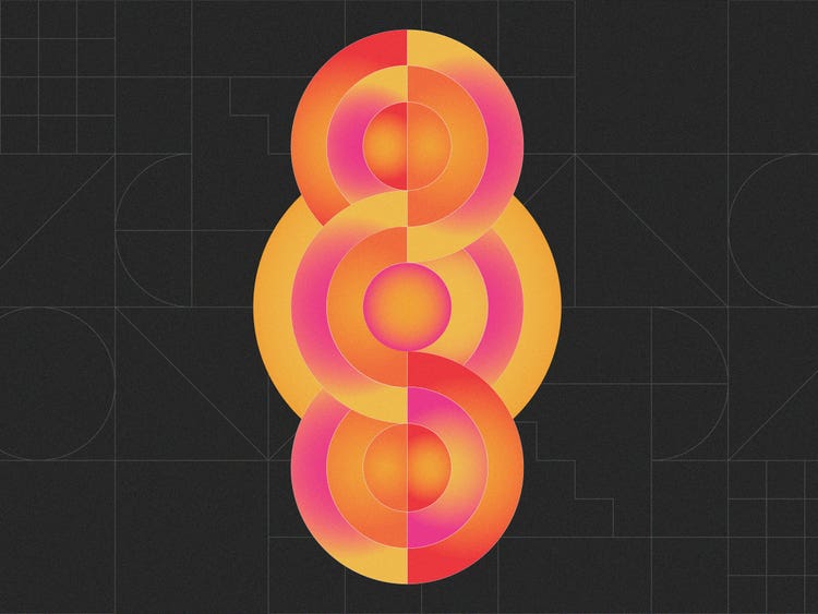 An abstract geometric graphic of overlapping circles in vibrant shades of pink, orange, and yellow. The circles are arranged vertically against a black background with a faint geometric grid.