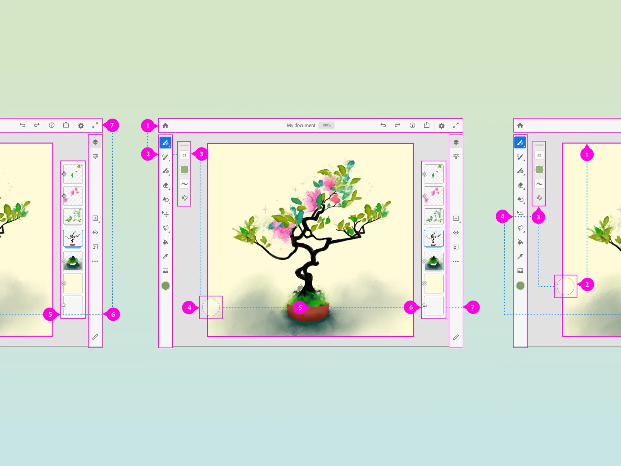 Fresco's main editing space with tools labeled following an established top-down-left-to-right sequence; in the background a drawing of a potted camellia with a dark trunk, green/teal leaves, and pink flowers. 