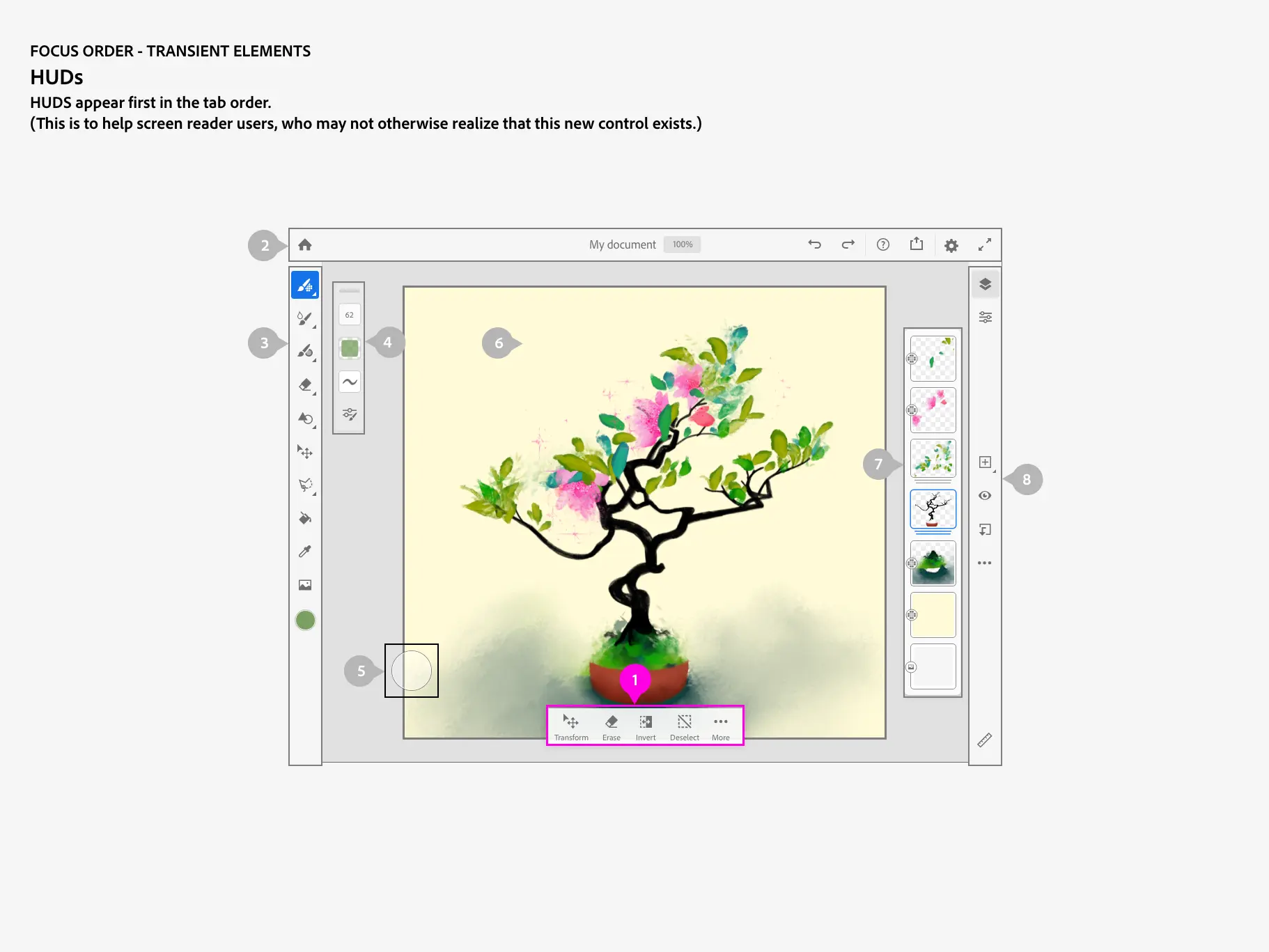 Fresco's main editing space, with an additional tool option display in the bottom center; in the background a drawing of a potted camellia with a dark trunk, green/teal leaves, and pink flowers.