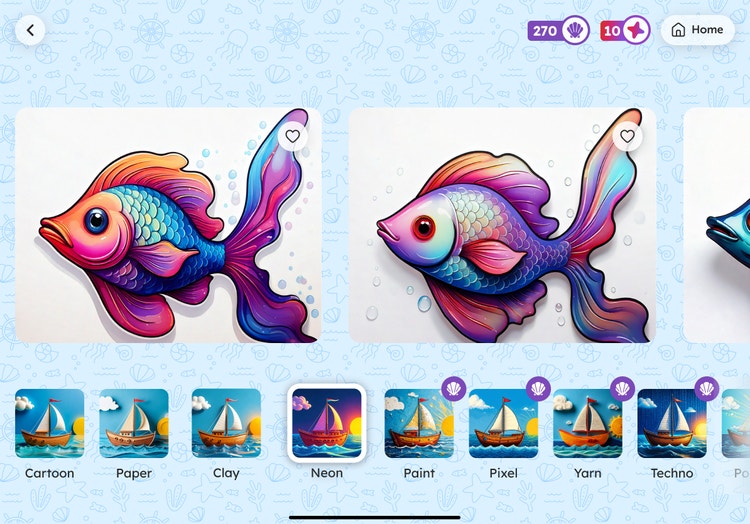 A mockup of a tablet with a user interface showing two vibrant, stylized fish illustrations with neon-like colors and detailed scales. Below them is a row of style options that includes Cartoon, Paper, Clay, Neon, Paint, Pixel, Yarn, and Techno, all showing thumbnail images of sailboats in those particular styles