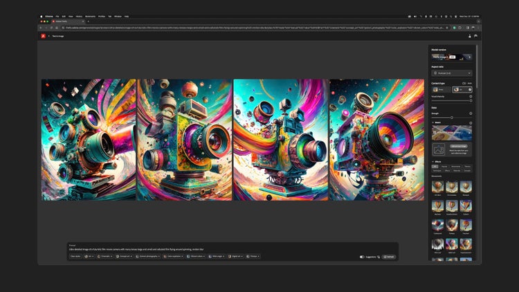 A screenshot of a an Adobe Photoshop artboard with four different versions of a flying camera with multiple lenses and rainbow of film trailing from it against a turquoise and cloud-filled background.