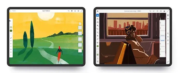 Two iPad mockups showing Fresco toolbars: one has basic tools and an illustration of a woman walking along a country path; the other has more tools and an illustration of a woman riding a train.