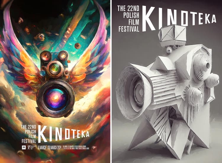 Two poster mockups. Left: A generative AI illustration of a camera with rainbow-colored wings and multiple lenses (it's largest focused on the viewer) hovers against a turquoise and cloud-filled background. At the bottom are the words "The 22nd Film Festival Kinoteka." Right: A generative AI illustration of a vintage movie camera, flash, and tripod composed of white cut and folded paper on a light gray background. At the top are the words "The 22nd Film Festival Kinoteka."