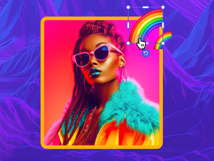 A Black woman with long, braided, half-up-half-down hair, on an orange-to-pink gradient background with an orange border. She's wearing teal lipstick, pink sunglasses, large hoop earrings, and. a yellow puffer jacked with a teal fur collar and looking at the camera. In the upper right corner of the image are two small half rainbows (one of them inside a bounding box), a selector hand, and a redo arrow.