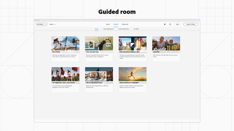 A screenshot of a photo editing software interface on a white background with a faint geometric grid. Titled Guided room, the interface displays various video tutorials or guides, each represented by a thumbnail image and title. There are three tabs at the top labeled Quick, Guided, and Advanced. Below these tabs, are seven tutorial thumbnails with titles like Add music, Trim and split clips, and Adjust position in highlights.