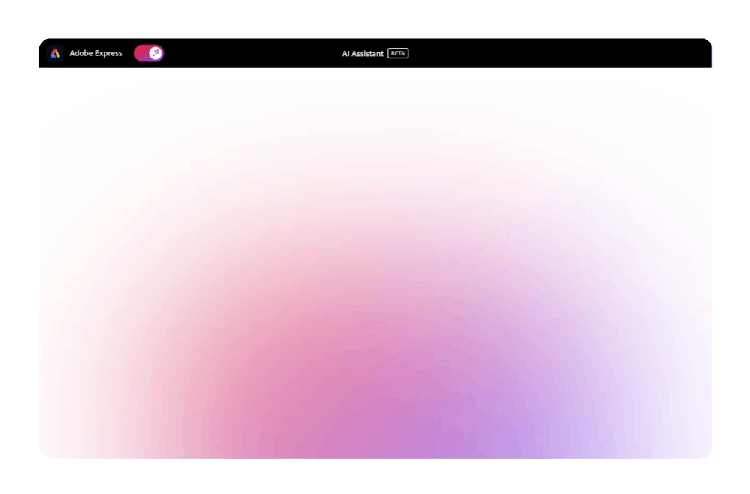 A GIF of the animated Adobe Express welcome screen. A blank gradient canvas transitions into a design with colorful graphics and text that reads "Introducing the prompt-anything, edit-everything design assistant. Let's bring your ideas to life." as the AI Assistant applies edits based on user commands.