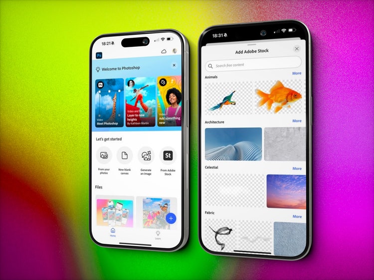Two iPhone mockups on a green-to-pink gradient background. The mockup on the left shows the Learn tab in Photoshop with thumbnail images that link to tutorial content. Beneath the thumbnails are four selections for getting started with a new project: From your photos, New blank canvas, Generate an image, From Adobe Stock. The mockup on the right shows thumbnail images from the Adobe Stock catalog.