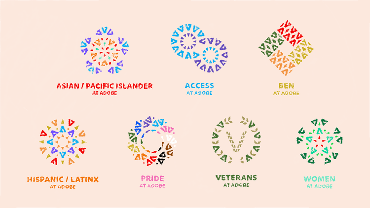 Two horizontal rows of vibrantly-colored brand icons for Adobe's employee networks (from left to right and top to bottom) Asian / Pacific Islander at Adobe, Access at Adobe, BEN at Adobe, Hispanic / Latinx at Adobe, Pride at Adobe, Veterans at Adobe, and Women at Adobe.