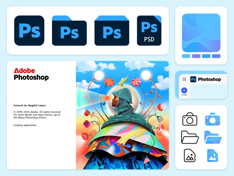 An Adobe Photoshop branding overview on a light blue backgrond, The top row shows four icons: an app icon, a Ps folder icon, an installer icon, and a PSD file icon. Beneath it is an Adobe Photoshop splash screen with artwork by Magdiel López (a surreal composition with bright gradients, abstract shapes, flowers, and glowing orbs against a blue sky) alongside a loading message and the Adobe and Photoshop wordmarks. A panel on the right shows (from the top) are a color palette of teal, blue, and purple gradients; a mockup of the Ps logo in an artboard; and three updated file icons.