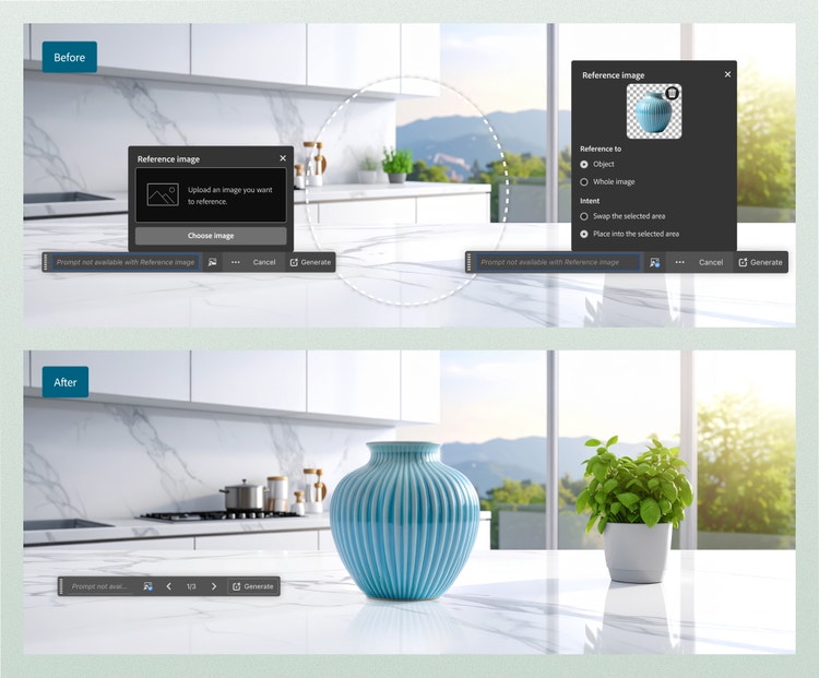Two stacked images showing the before and after of a photo editing process. In the Before image (top) , in a modern kitchen, there's a dotted selection area on the countertop and an editing panel displaying a blue ceramic vase as the reference image. The After image shows the same kitchen after editing, with the blue ceramic vase from the reference image panel in place of the dotted selection area on the counter.
