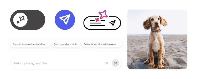 A GIF of Interface elements showing AI design commands and icons, including a toggle with stars, a send icon, and a stylized command bar. Beneath them are sample prompts like "Change the background color to a light green," "Add a drop shadow to the title," and "Replace the logo with a matching corporate style." On the right is a photo of a Golden Retriever puppy sitting on sandy beach.